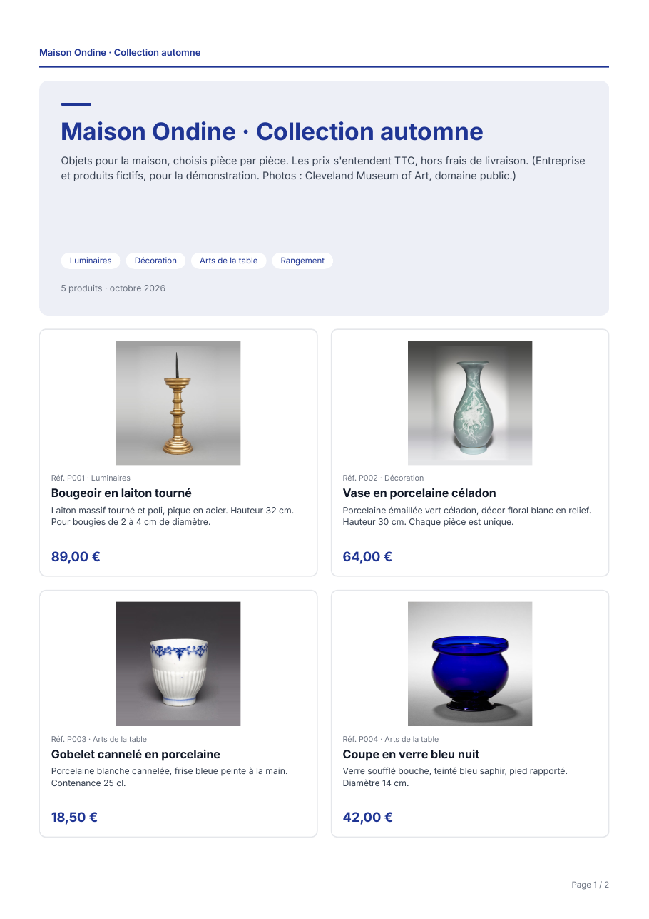 Page d’un catalogue produit PDF créé avec FolioPrix : photos, références, descriptions et prix
