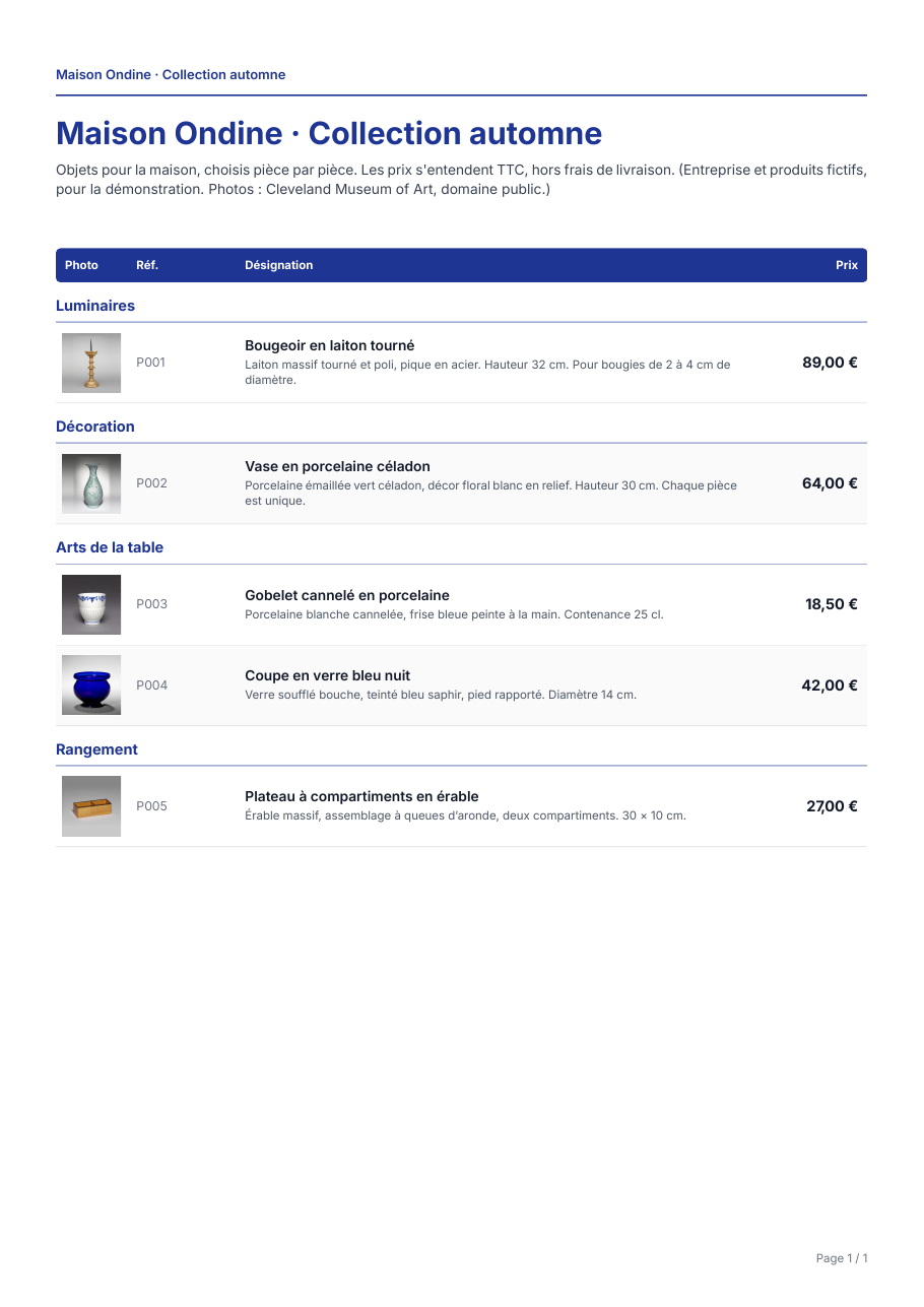 Exemple de liste de prix PDF en tableau