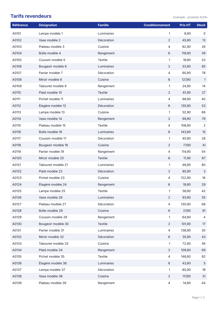 Tarifs revendeurs en tableau
